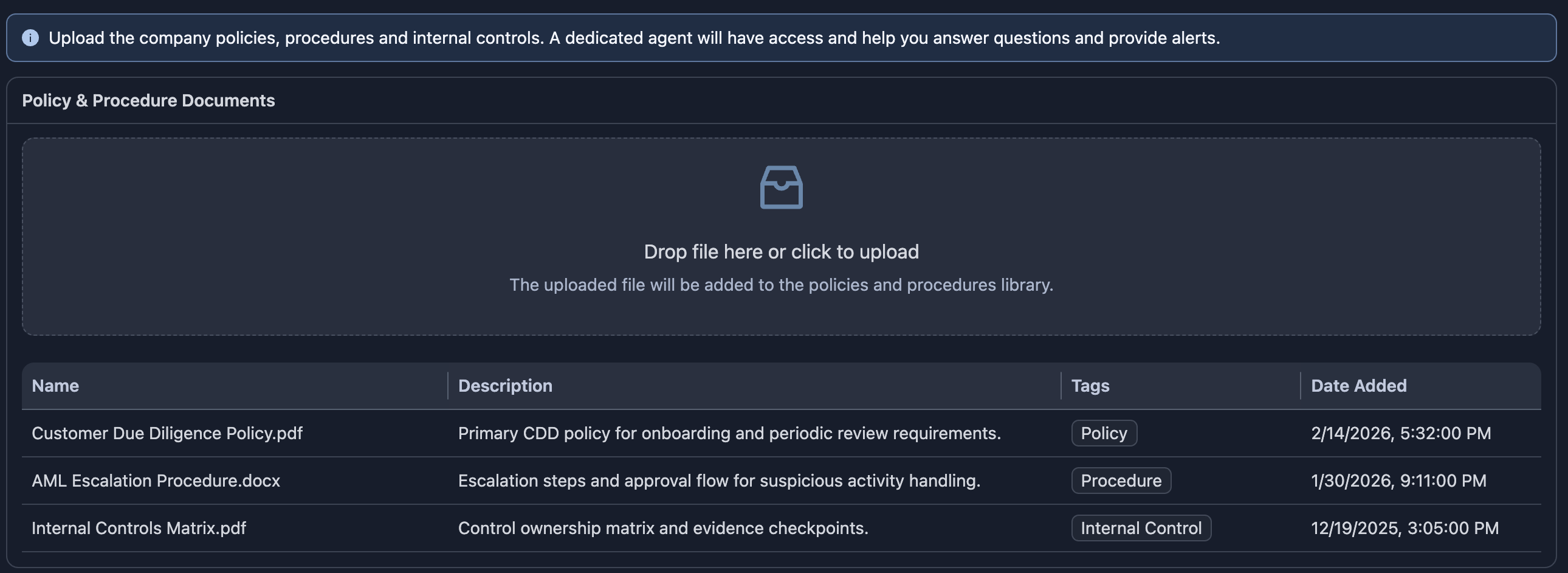 Prudexis policy and procedure update view used to maintain guidance for agent review workflows.