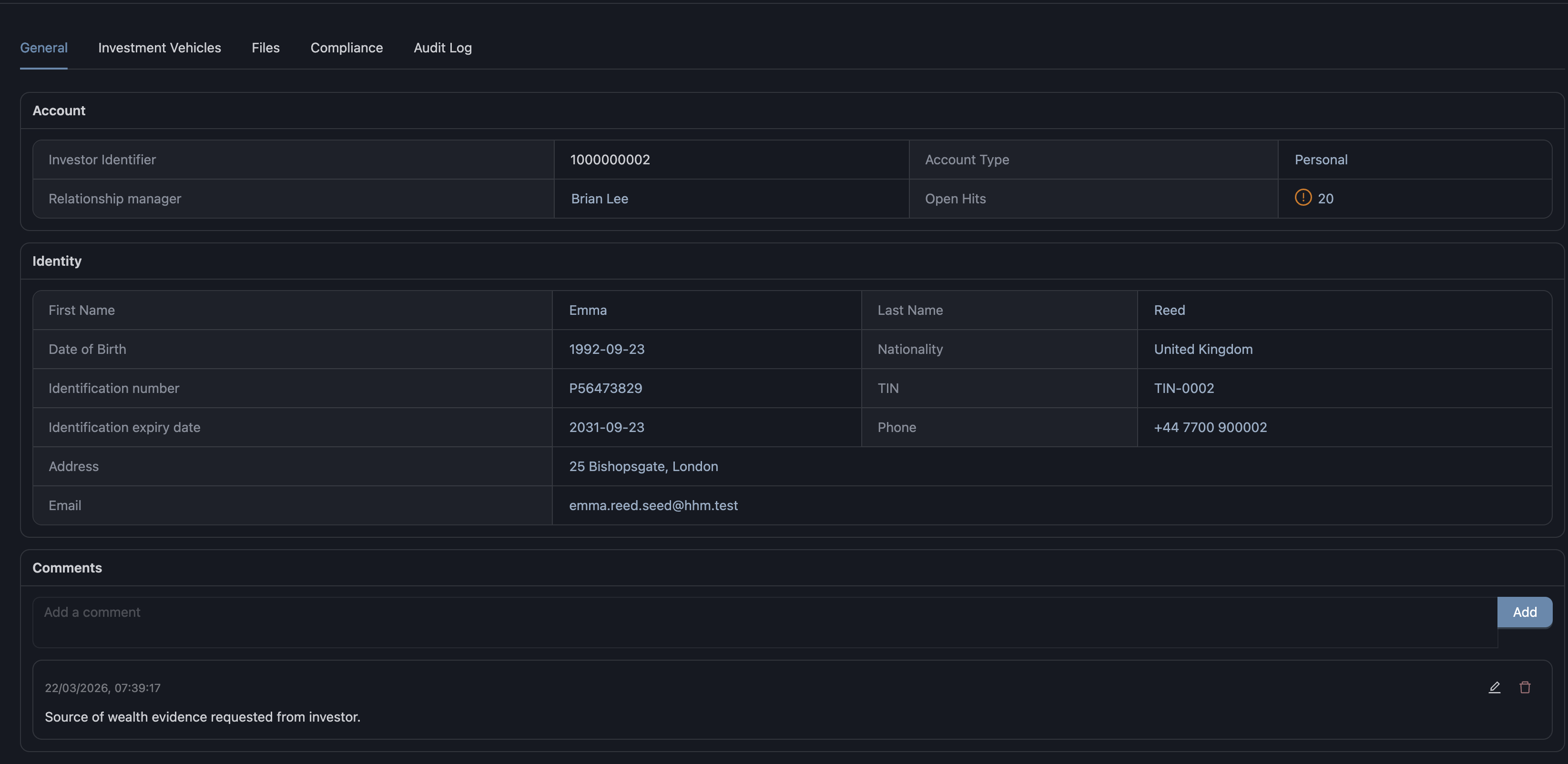 Prudexis investor profile general tab with account details, identity records, and comments.