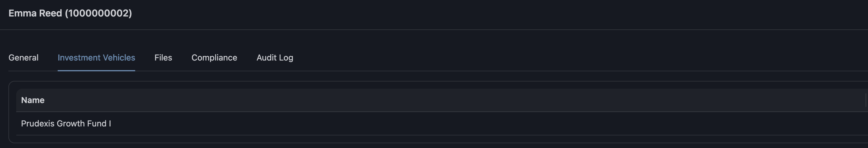 Prudexis investor profile investment vehicles tab listing linked vehicle names.