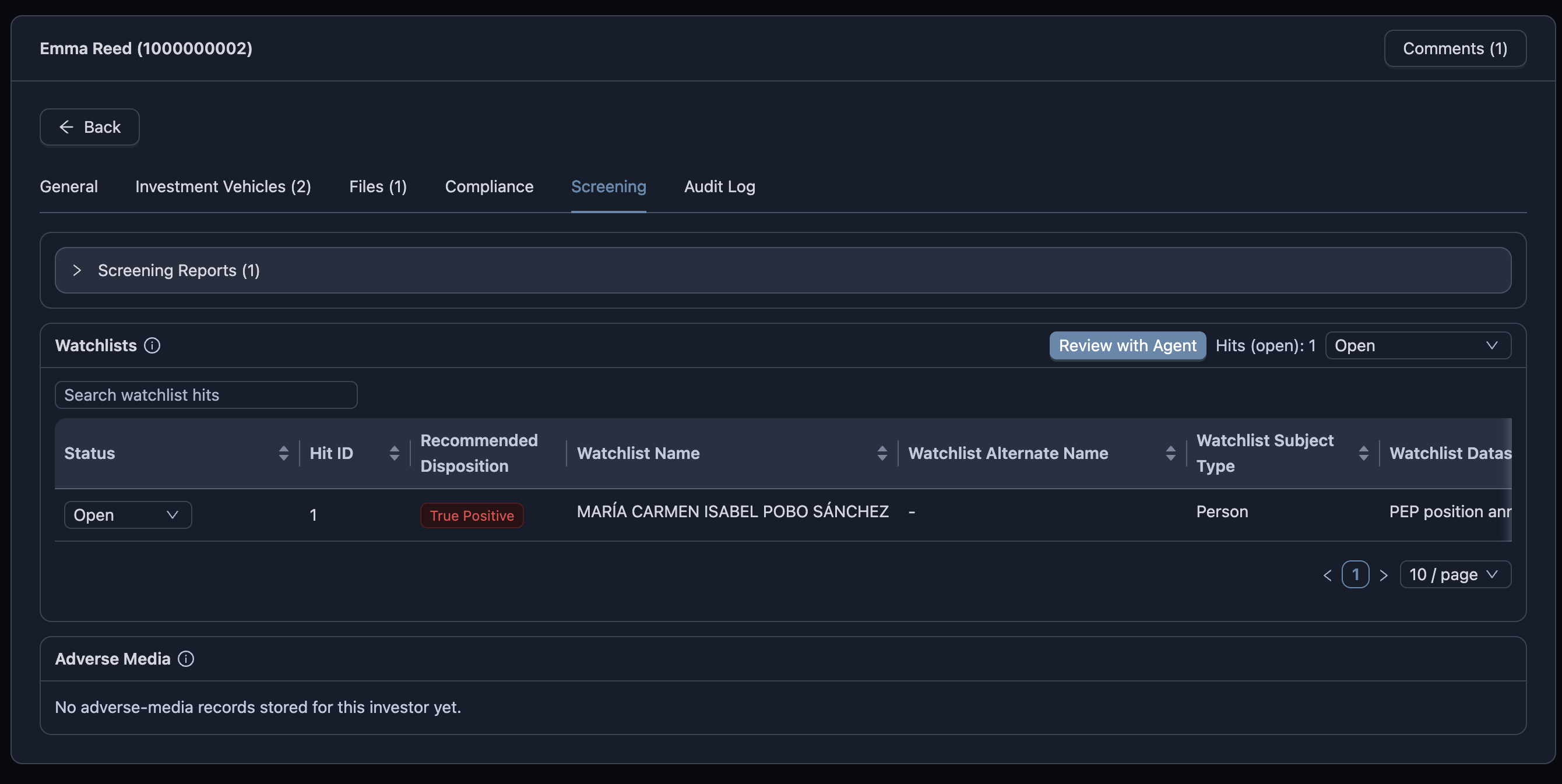 Prudexis screening view showing hit details and a recommended disposition with rationale.